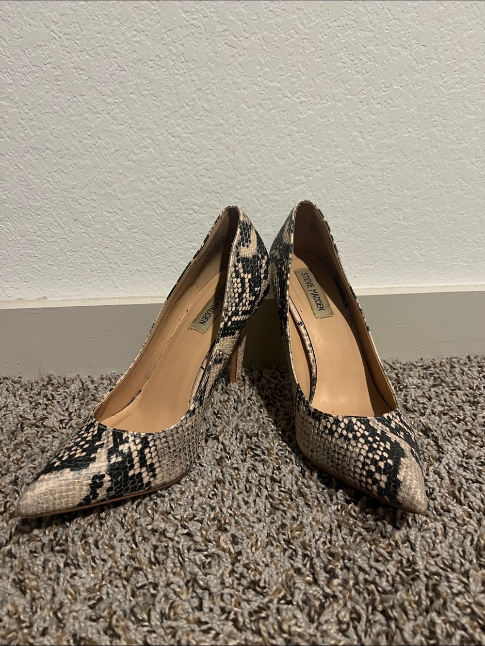Steve Madden Snake-Print Pointed Toe Pumps in Beige and Black